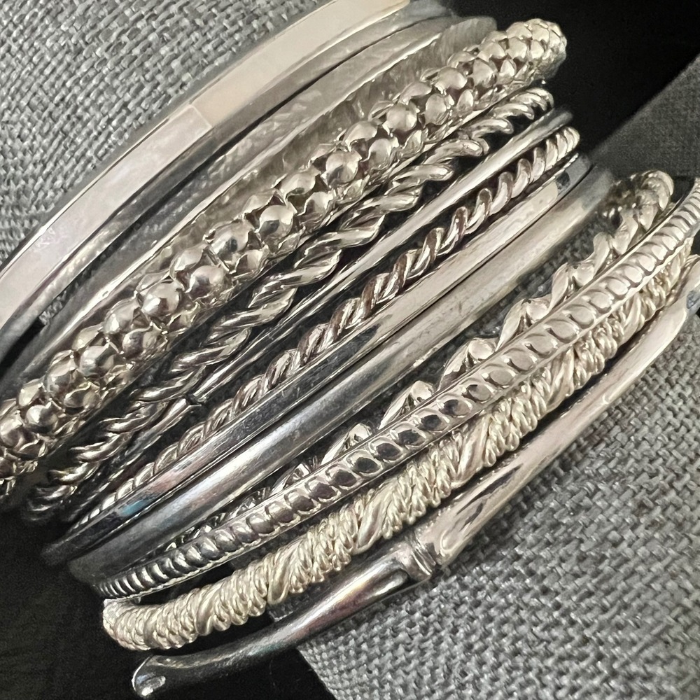 12 Vintage-Now Silver Tone‎ Textured Stackable Bangle Bracelet Set  7-8 Indie